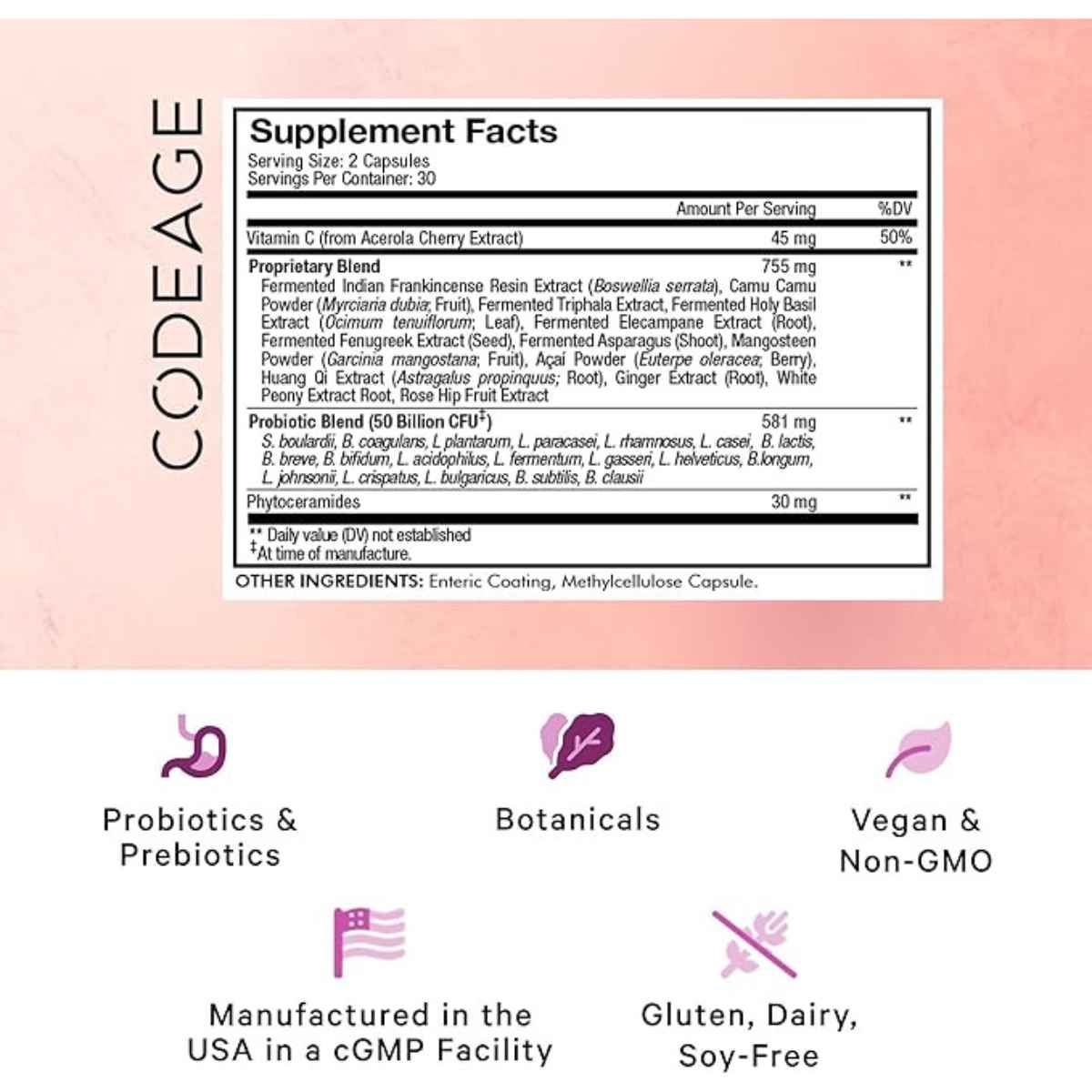 Codeage  Probióticos y Prebióticos para la Piel 50 Mil Millones CFU - 60 Cápsulas - Tabla Nutricional - Haz Tu Pedido