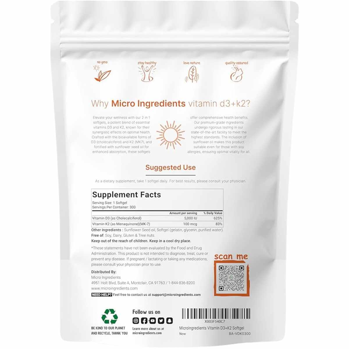 Micro Ingredients  Vitamina D3 con K2  - 300 Cápsulas Blandas - Tabla Nutricional - Haz Tu Pedido