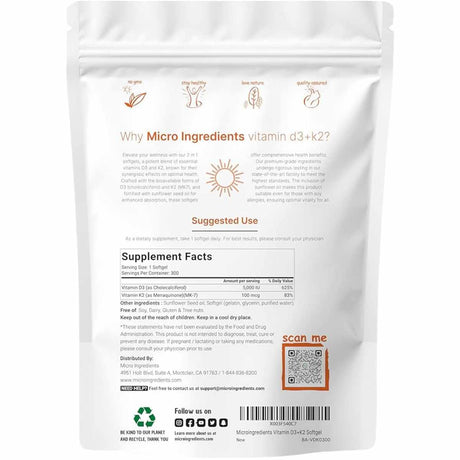 Micro Ingredients  Vitamina D3 con K2  - 300 Cápsulas Blandas - Tabla Nutricional - Haz Tu Pedido