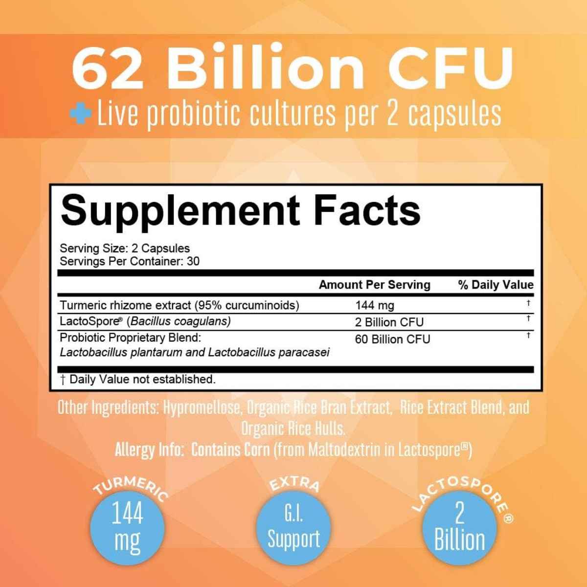 MaryRuth Organics Probiótico Plus de Cúrcuma para tu Bienestar 62 Mil Millones CFU - 60 Cápsulas - Tabla Nutricional - Haz Tu Pedido