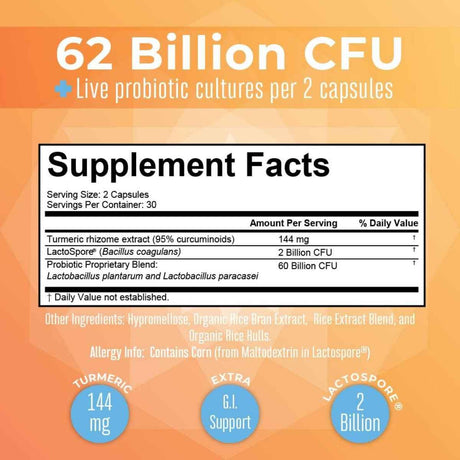 MaryRuth Organics Probiótico Plus de Cúrcuma para tu Bienestar 62 Mil Millones CFU - 60 Cápsulas - Tabla Nutricional - Haz Tu Pedido