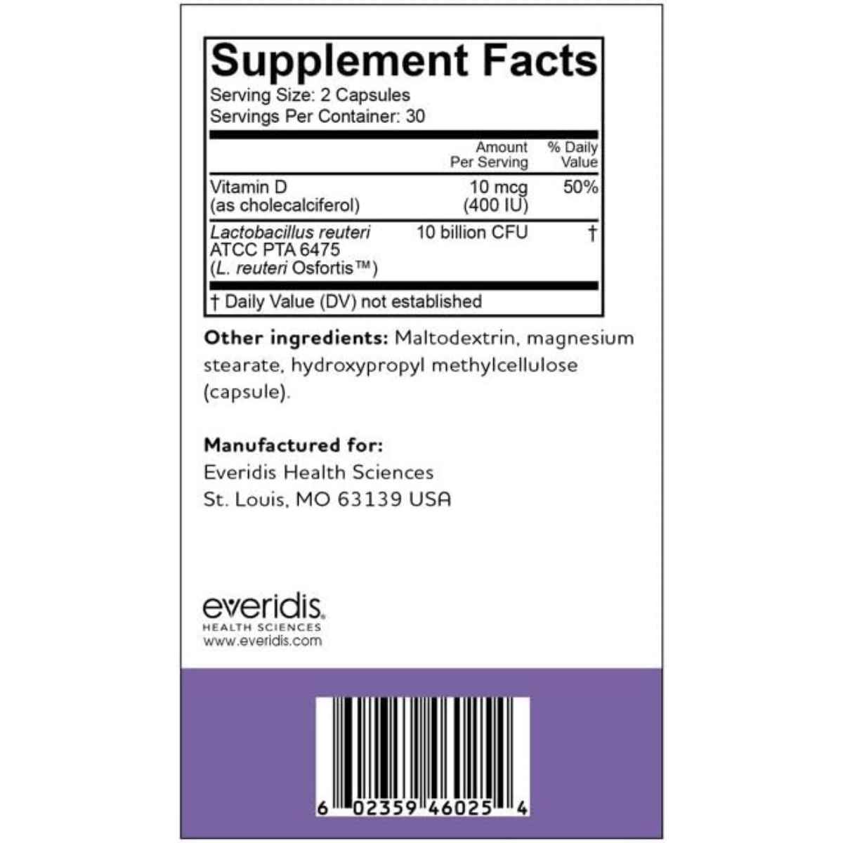 BioGaia Osfortis Probiótico para Apoyo Óseo y Articular - 60 Cápsulas - Tabla Nutricional - Haz Tu Pedido
