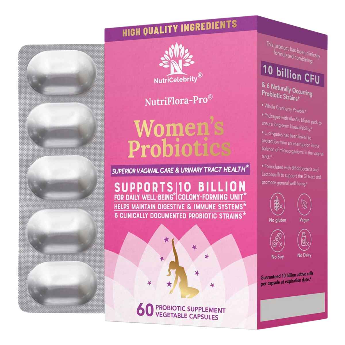 NutriCelebrity NutriFlora-Pro® Probióticos para Mujeres 10 Mil Millones CFU - 60 Cápsulas Vegetales - Haz Tu Pedido