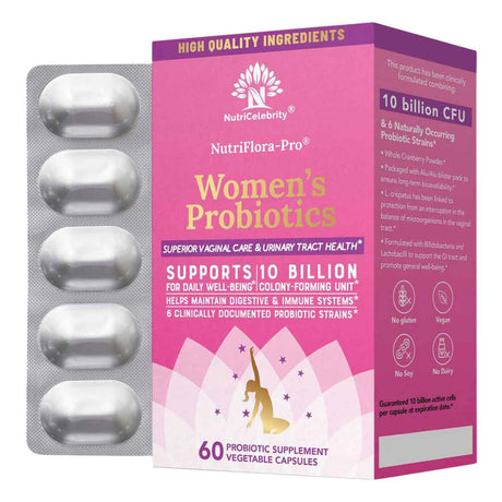 NutriCelebrity NutriFlora-Pro® Probióticos para Mujeres 10 Mil Millones CFU - 60 Cápsulas Vegetales - Haz Tu Pedido