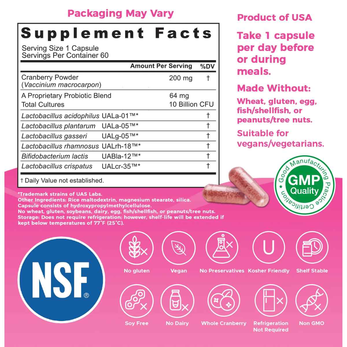 NutriCelebrity NutriFlora-Pro® Probióticos para Mujeres 10 Mil Millones CFU - 60 Cápsulas Vegetales - Tabla Nutricional - Haz Tu Pedido