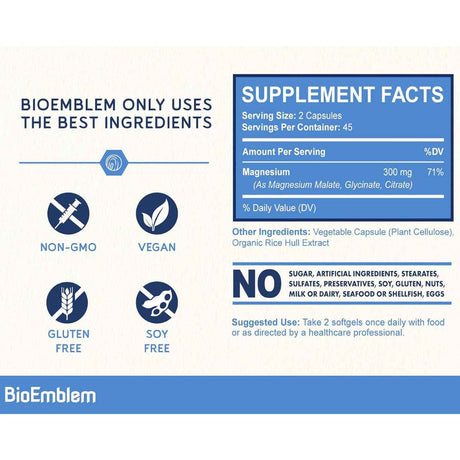 BioEmblem Complejo Triple De Magnesio 300 mg - 90 Cápsulas Vegetarianas - Tabla Nutricional - Haz Tu Pedido