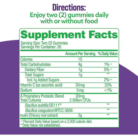 Culturelle Probiótico y Prebiótico para la Salud Digestiva - Sabor Mezcla de Bayas - 52 Gomitas - Tabla Nutricional - Haz Tu Pedido