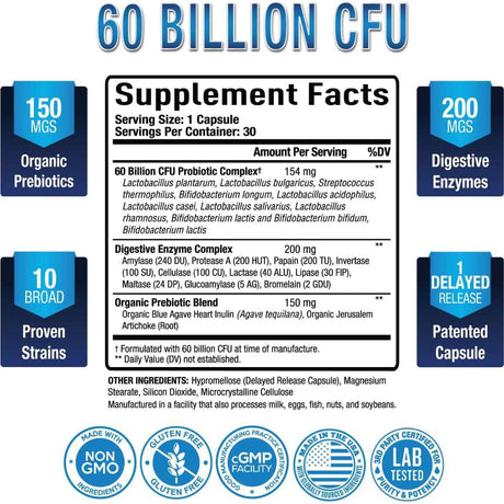 Purely Optimal  Probioticos 60 Mil Millones CFU - 30 Cápsulas de Liberación Retardada - Tabla Nutricional - Haz Tu Pedido