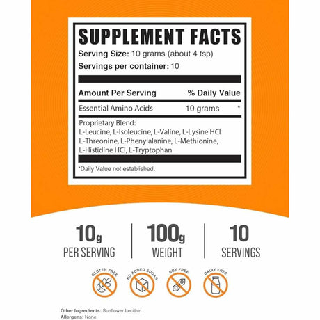 BulkSupplements.com Aminoácidos Esenciales (EAA) - 100 g - Tabla Nutricional - Haz Tu Pedido