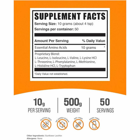 BulkSupplements.com Aminoácidos Esenciales (EAA) - 500 g - Tabla Nutricional - Haz Tu Pedido