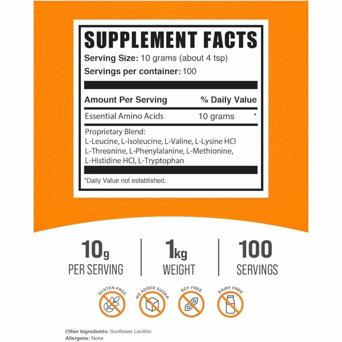 BulkSupplements.com Aminoácidos Esenciales (EAA)  - 1000 g - Tabla Nutricional - Haz Tu Pedido