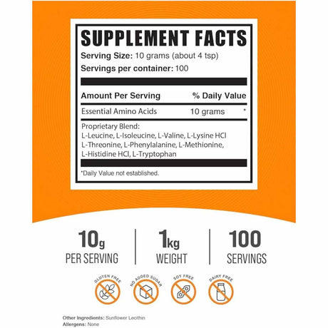 BulkSupplements.com Aminoácidos Esenciales (EAA)  - 1000 g - Tabla Nutricional - Haz Tu Pedido
