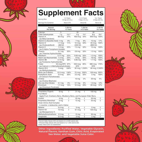 MaryRuth Organics Esenciales Multivitamínicos - Sabor Fresa - 32 Fl oz - Tabla Nutricional - Haz Tu Pedido
