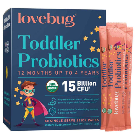 Lovebug Probiotics Probióticos para Niños Pequeños 15 Mil Millones CFU - 60 Tubitos - Haz Tu Pedido