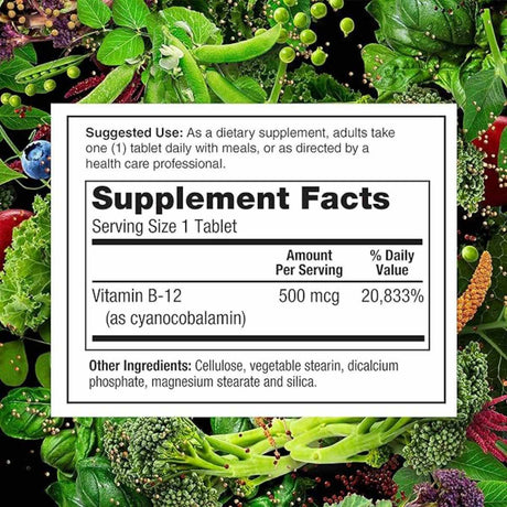 PlantFusion Vitamina B12 500 mcg - 100  Tabletas - Tabla Nutricional - Haz Tu Pedido