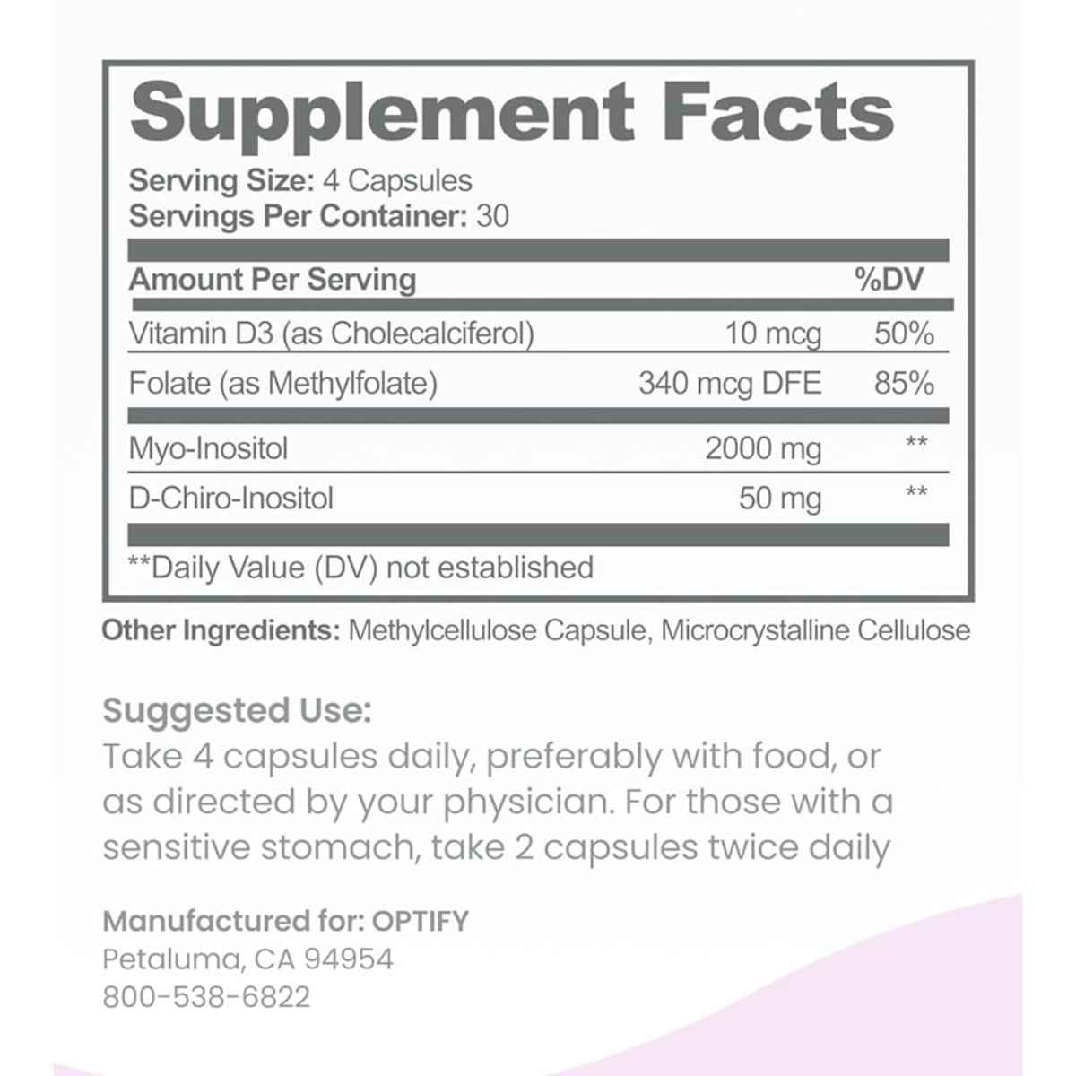 Optify Myo y D-Chiro Inositol con Folato y Vitamina D - 120 Cápsulas Vegetarianas - Tabla Nutricional - Haz Tu Pedido