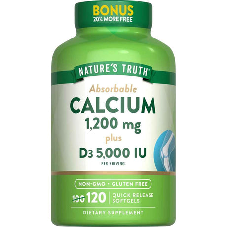 Nature's Truth Calcio y Vitamina D3 Para Huesos Saludables 1200 mg - 120 Cápsulas Blandas de Liberación Rápida - Haz Tu Pedido