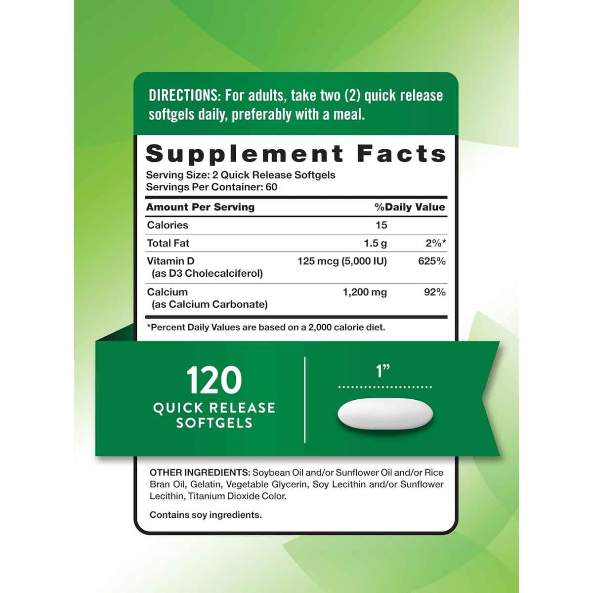 Nature's Truth Calcio y Vitamina D3 Para Huesos Saludables 1200 mg - 120 Cápsulas Blandas de Liberación Rápida - Tabla Nutricional - Haz Tu Pedido