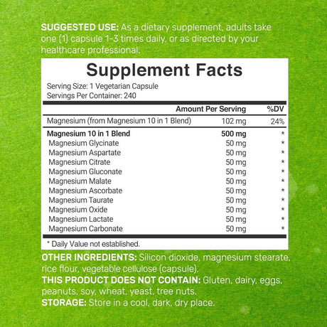 Deal Supplement Suplemento Complejo de Magnesio 500 mg - 240 Cápsulas Vegetarianas - Tabla Nutricional - Haz Tu Pedido
