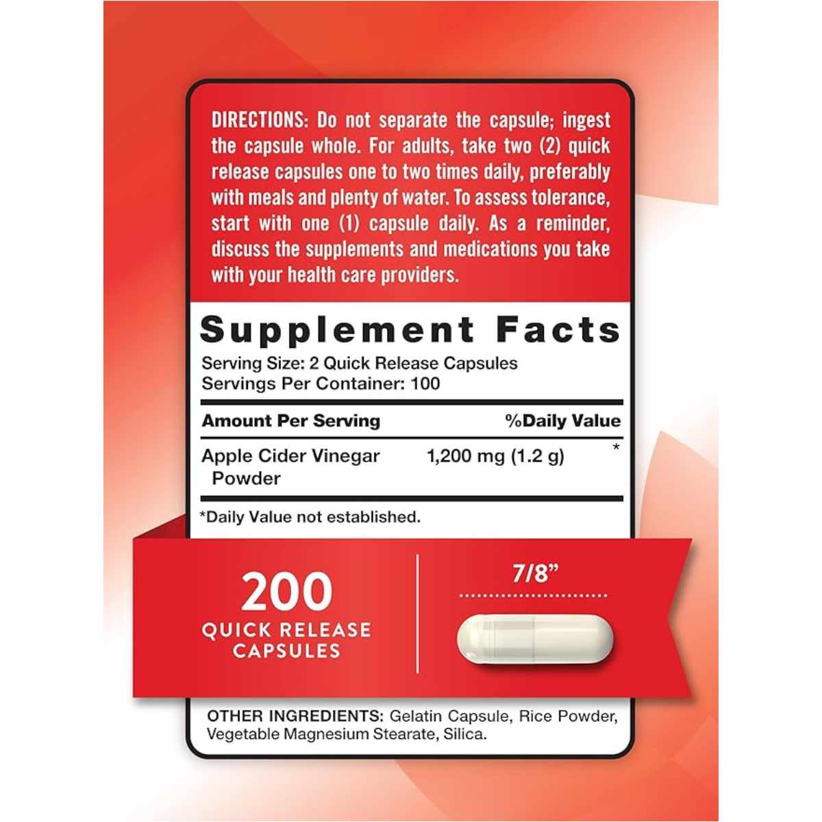 Nature's Truth Vinagre de Manzana  1200 mg - 200  Cápsulas de Liberación Rápida - Tabla Nutricional - Haz Tu Pedido