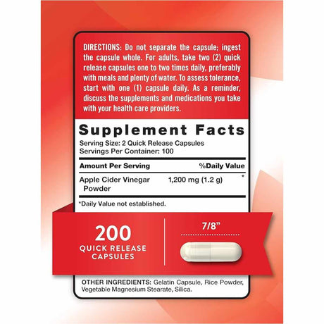 Nature's Truth Vinagre de Manzana  1200 mg - 200  Cápsulas de Liberación Rápida - Tabla Nutricional - Haz Tu Pedido