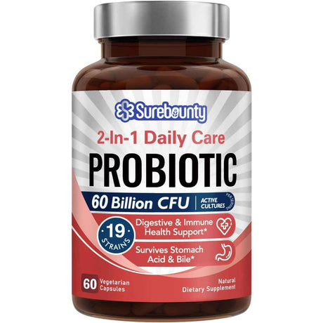 Surebounty Probiótico Diario Doble Acción 60 Mil Millones CFU - 60 Cápsulas Vegetarianas - Haz Tu Pedido