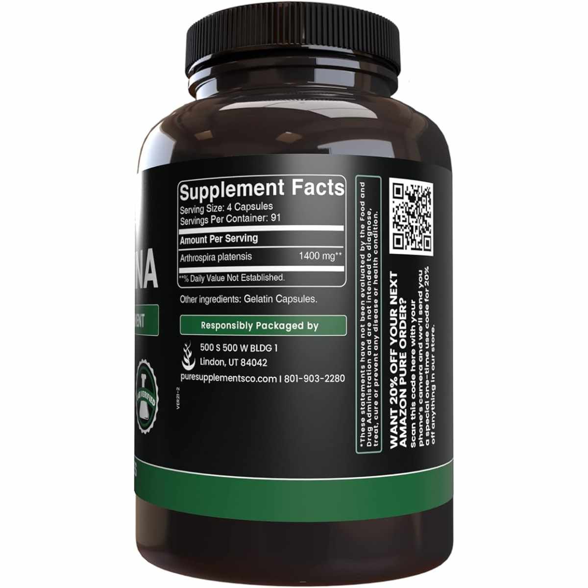 Pure Organic Ingredients Espirulina  - 365  Cápsulas - Tabla Nutricional - Haz Tu Pedido