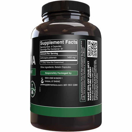 Pure Organic Ingredients Espirulina  - 365  Cápsulas - Tabla Nutricional - Haz Tu Pedido