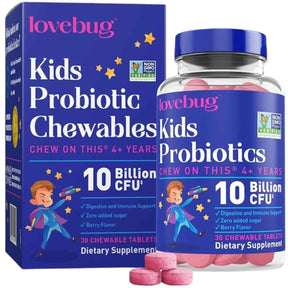 Lovebug Probiotics Probiótico Para Niños 10 Mil Millones CFU - Sabor Bayas - 30 Tabletas Masticable - Haz Tu Pedido