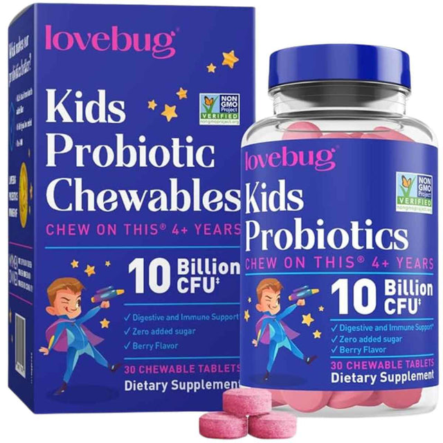 Lovebug Probiotics Probiótico Para Niños 10 Mil Millones CFU - Sabor Bayas - 30 Tabletas Masticable - Haz Tu Pedido