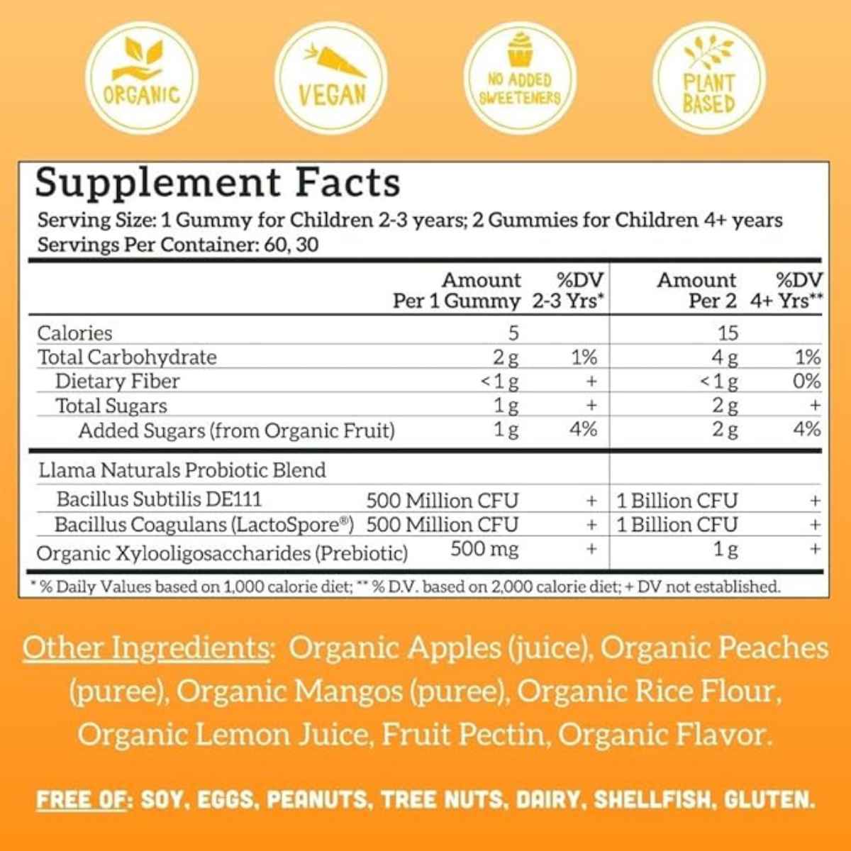 Llama Naturals Prebiótico y Probiótico Para Niños - Sabor Melocotón Mango - 60 Gomitas - Tabla Nutricional - Haz Tu Pedido