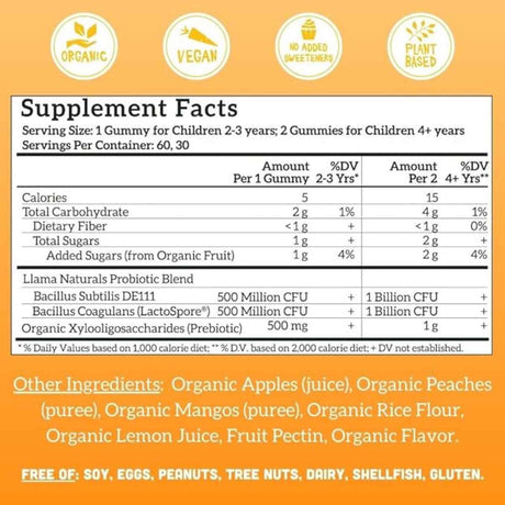 Llama Naturals Prebiótico y Probiótico Para Niños - Sabor Melocotón Mango - 60 Gomitas - Tabla Nutricional - Haz Tu Pedido