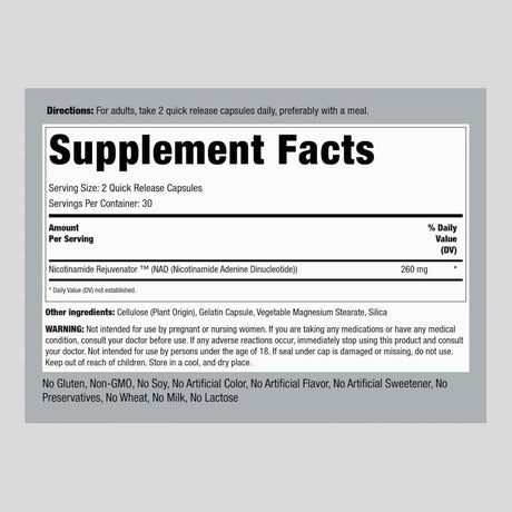Piping Rock TRUE N.A.D 260 mg Energía Celular y Antienvejecimiento – 60 Cápsulas