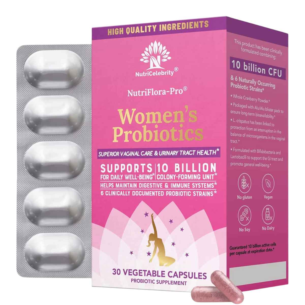 NutriCelebrity NutriFlora-Pro® Probióticos para Mujeres 10 Mil Millones CFU - 30 Cápsulas Vegetales - Haz Tu Pedido