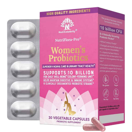 NutriCelebrity NutriFlora-Pro® Probióticos para Mujeres 10 Mil Millones CFU - 30 Cápsulas Vegetales - Haz Tu Pedido