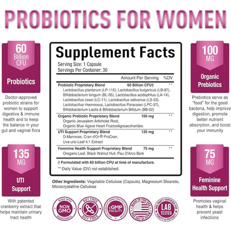 Purely Optimal  Probióticos para Mujeres 60 Mil Millones CFU - 30 Cápsulas - Tabla Nutricional - Haz Tu Pedido