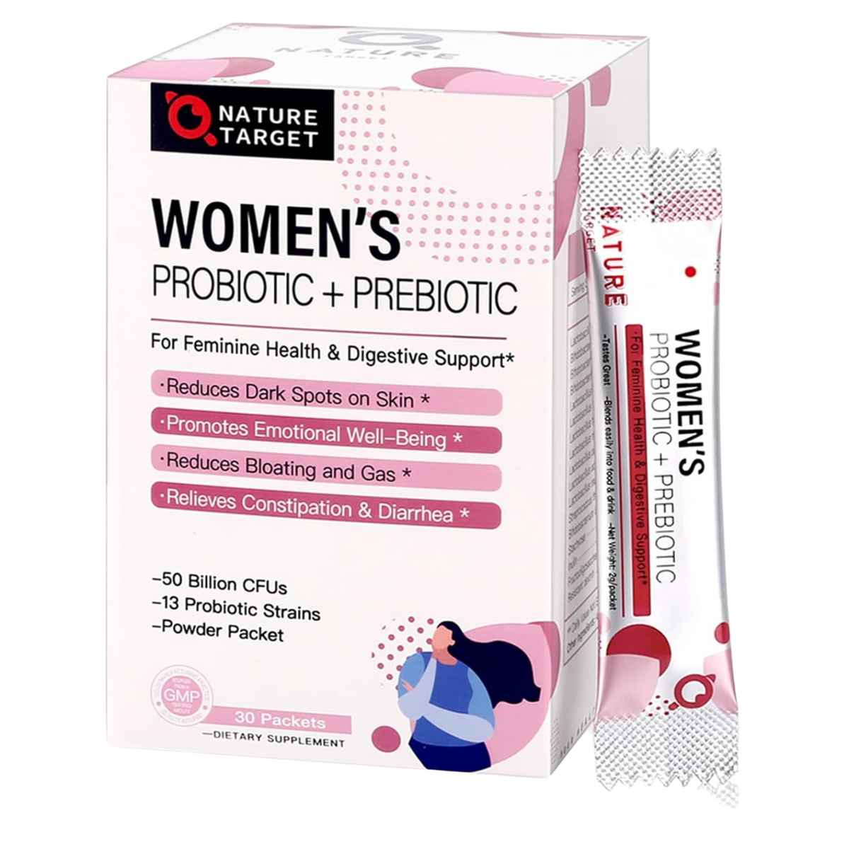 Nature Target Probiótico y Prebiótico para Mujeres Refuerzo Inmunológico 50 Mil Millones CFU - 30 Paquetes - Haz Tu Pedido