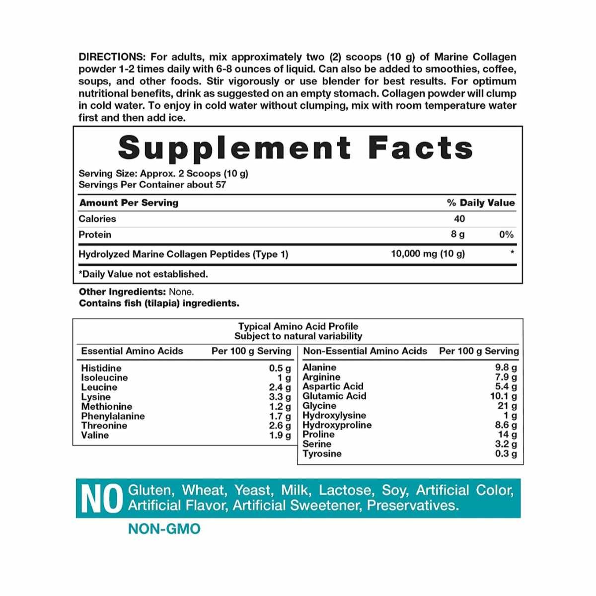 Horbäach Colágeno Marino en Polvo  10000 mg - 2.2 lb - Tabla Nutricional - Haz Tu Pedido