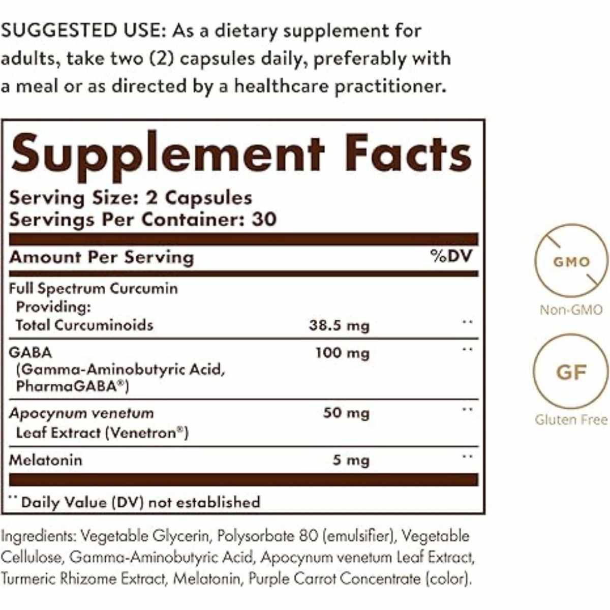Solgar Cúrcuma Espectro Completo Sueño - 60  Cápsulas Liquidas - Tabla Nutricional - Haz Tu Pedido