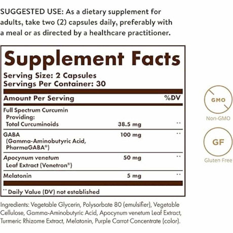 Solgar Cúrcuma Espectro Completo Sueño - 60  Cápsulas Liquidas - Tabla Nutricional - Haz Tu Pedido