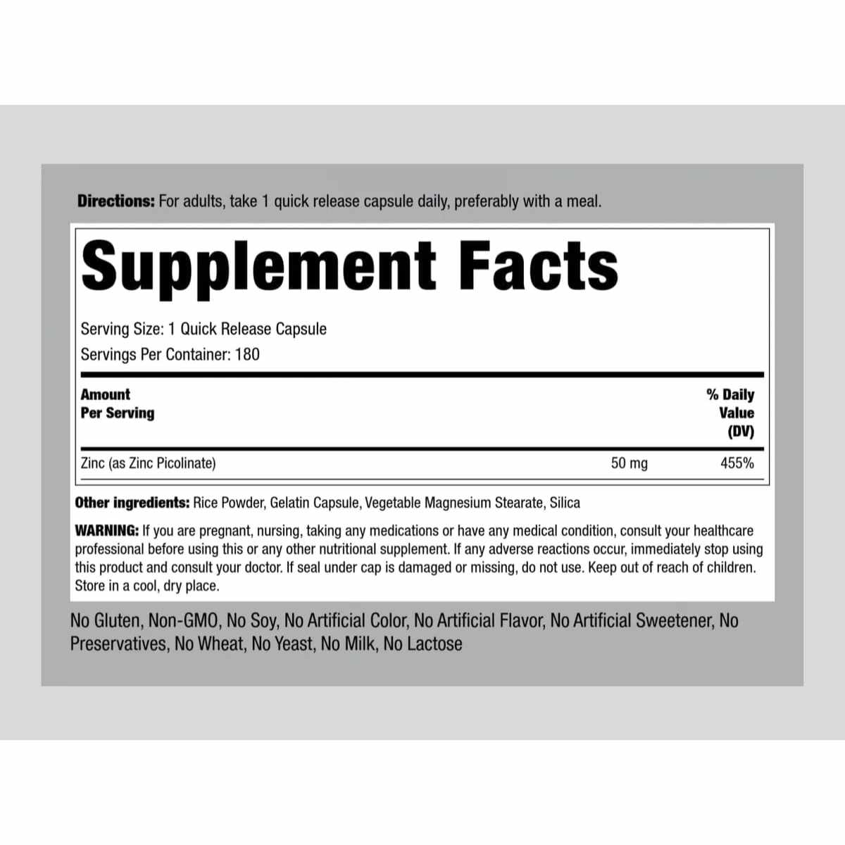 Piping Rock Picolinato de Zinc 50 mg - 180  Cápsulas de Liberación Rápida - Tabla Nutricional - Haz Tu Pedido