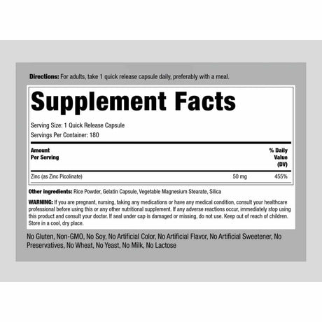 Piping Rock Picolinato de Zinc 50 mg - 180  Cápsulas de Liberación Rápida - Tabla Nutricional - Haz Tu Pedido