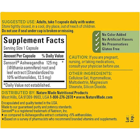 Nature Made Ashwagandha  125 mg - 60  Cápsulas - Haz Tu Pedido	Nature Made Ashwagandha  125 mg - 60  Cápsulas - Tabla Nutricional - Haz Tu Pedido