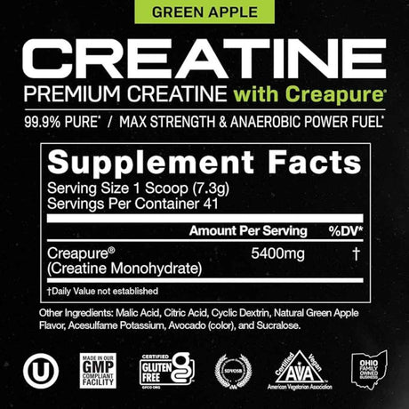 Muscle Feast Monohidrato de creatina premium - Sabor Manzana Verde - 300 g - Tabla Nutricional - Haz Tu Pedido