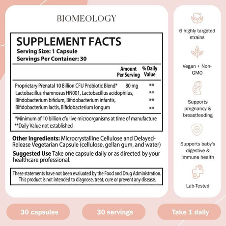 Biomeology Probióticos para Embarazo Posparto y Lactancia 10 Mil Millones CFU - 30 Cápsulas - Tabla Nutricional - Haz Tu Pedido