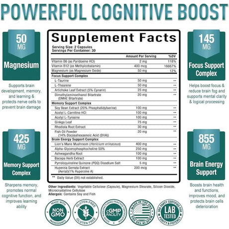 Purely Optimal  Potenciador Cerebral Nootrópico - 60  Cápsulas - Tabla Nutricional - Haz Tu Pedido