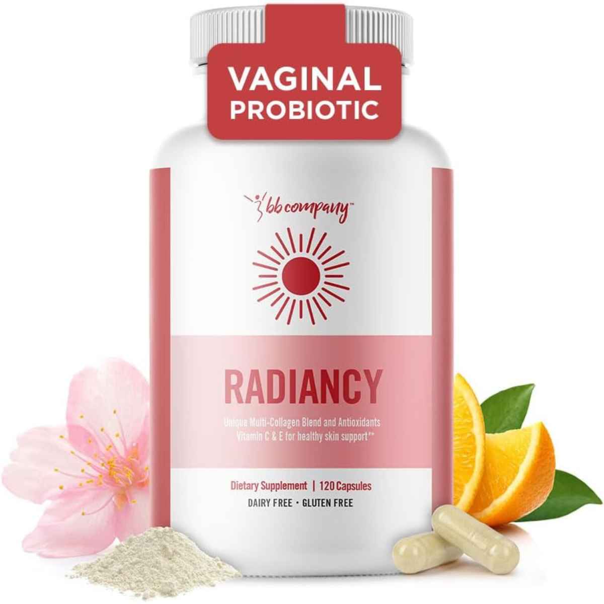 BB Company Radiancy Probiótico Vaginal y Colágeno para Salud y Elasticidad - Sabor Cereza - 120 Cápsulas