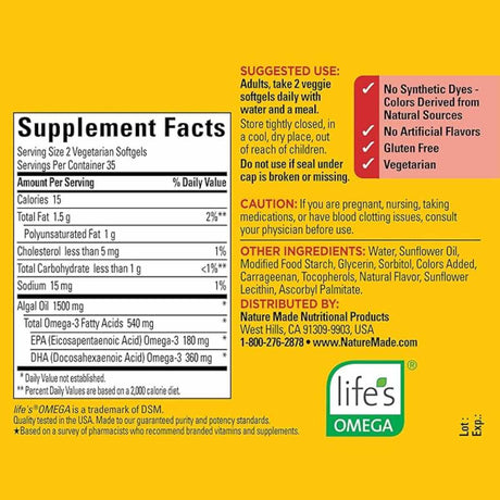 Nature Made Omega 3 540 mg - 70 Cápsulas Blandas Vegetales - Tabla Nutricional - Haz Tu Pedido