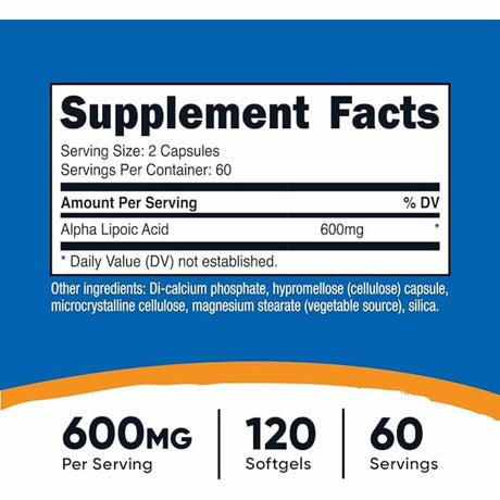 Nutricost Ácido Alfa Lipoico 600 mg - 120 Cápsulas - Tabla Nutricional - Haz Tu Pedido