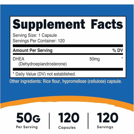 Nutricost DHEA  50 mg - 120 Cápsulas - Tabla Nutricional - Haz Tu Pedido